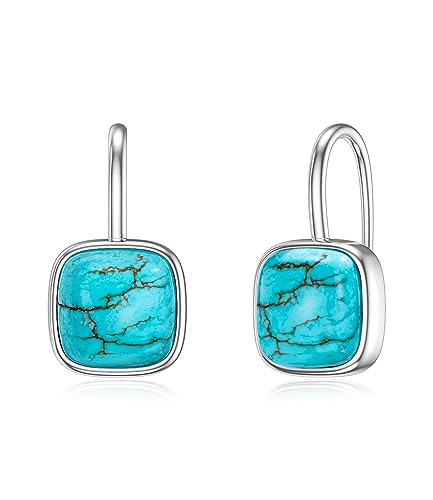 Genuine Turquoise Drop Earrings for Women Square Oval Blue Green Gemstone Dangling Earring 925 Sterling Silver Jewelry for Her Wife Mom