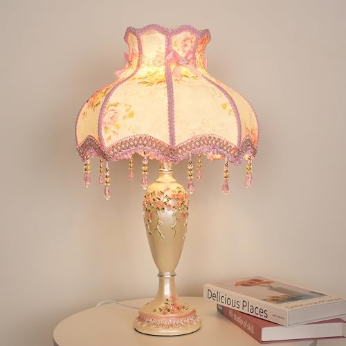 Aeyee Lovely Table Lamp with Fabric Lampshade, Antique Flower Decorative Bedside Desk Lamp, Handmade Night Light for Bedroom Nightstand