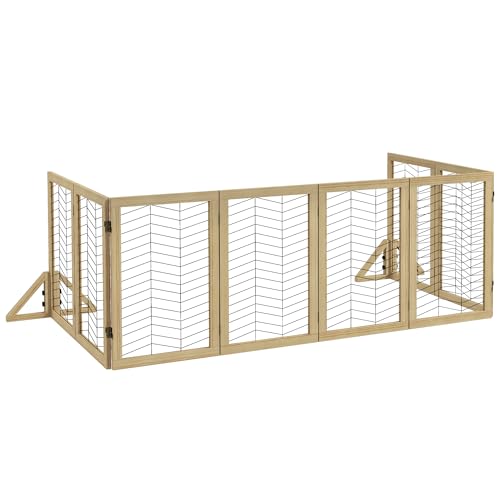 PawHut Hunde Absperrgitter aus Holz, Türschutzgitter, Klappbares Hundegitter mit 8 Platten, Hundeabsperrgitter, Treppenschutzgitter, Kamingitter für Ofen, Natur, 375 x 44 x 70 cm