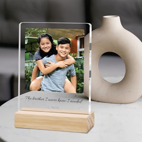 Image of Giftplease Customized Photo And Text Frame With Wooden Stand | Personalised Printed Photo Frame | Gift For Brother | Birthday | (Transparent, 5MM, 6 * 8 Inches), Tabletop BG 05