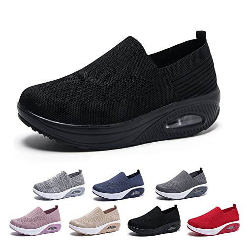 Braised Pork Women's Air Cushion Slip-On Walking Shoes,Casual Mesh Air-Cushion Walking Sneakers,Lightweight Breathable Running Shoe,Platform Tennis Shoes Women (Black,Us-6) #TOP3