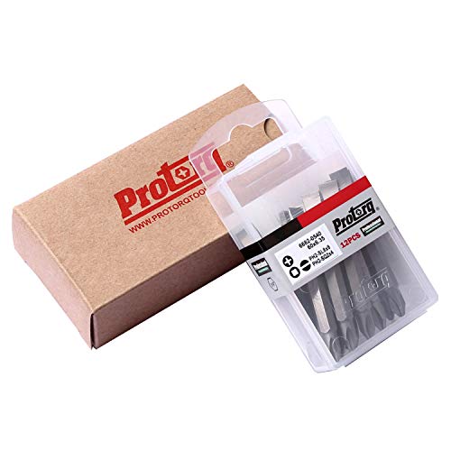 Protorq Double Ended Drive Bits, Phillips 2 And Slotted 8, Phillips 2 And Square 2, 12 Pieces With Storage Case #TOP3