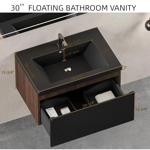 Image of 30'' Floating Bathroom Vanity with Sink, Wall-Mounted Bathroom Storage Cabinet with Soft-Close Striped Drawer & Quartz Sand Basin, Modern Smoked Walnut Body with Internal Handle, Black