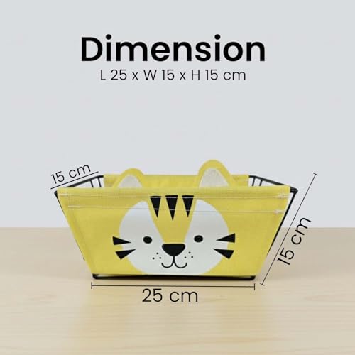Image of Go Hooked Cute Yellow Tiger Design Storage Basket for Kids | Strong Metal Wire Organizer with Detachable Fabric Liner | Multipurpose Basket for Toys, Fruits, Snacks, Bathroom, Wardrobe & Home Decor