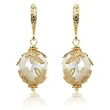 ELEXIS Gold Big Drop Pearl Earrings For Women Dangle Handmade Real Baroque Teardrop leaf Freshwater