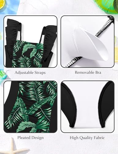 Image of NECIOUS Girls Swimsuit Size 8-10 One Piece Bathing Suits Size 8 10 Ruffle Adjustable Straps Black Green Kids Girls' Swimwear
