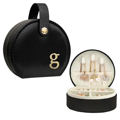COLLECTIVE HOME - Travel Jewelry Case, Elegant Half-Moon Design with Gold Monogram, Detachable Handle, Personalized Accessory Organizer, Gift for Fashion-Forward Women and Teens, Black (g)