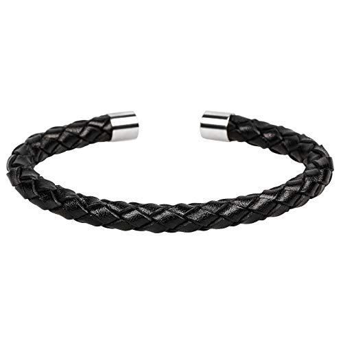 Mendozza Herren Armreif Leder Armband Schmuck Edelstahl Größenverstellbar Schwarz-Silber (MJ-BA44850G)