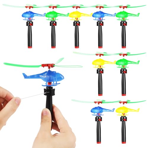 LIOOBO 9pcs Pull String Flying Helicopter Plastic Figures with Handheld Launchers Outdoor Recreation Party Favors for Family Fun