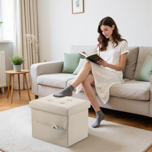 Image of Bsketa Storage Ottoman Bench,16 Inch Folding Leather Foot Rest Stool, Beige | Small Ottoman with Side Pockets, Thicker Foam Padded Seat, Livingroom, Dorm, Bedroom, Easy to install, 38L, 16x12x12in