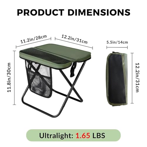 Image of Portable Folding Stool - 12 inch Tall Collapsible Backpack Stool with Storage Pouch, Hands-Free Carry & Supports 300 lbs, Ultralight for Hiking, Fishing, Camping, Festivals (Green, Standard)