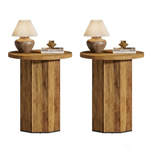 Tribesigns 2pcs Round Pedestal End Table, Farmhouse Side Table with Fluted Base, Wooden Accent...