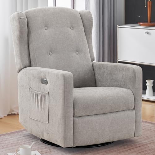 Image of Ketaiyou Power Swivel Rocking Recliner Chair, Electric Rocker Nursery Glider Chair, USB and Type-C Ports, Upholstered Fabric Reclining Single Sofa Chair for Living Room (Grey)