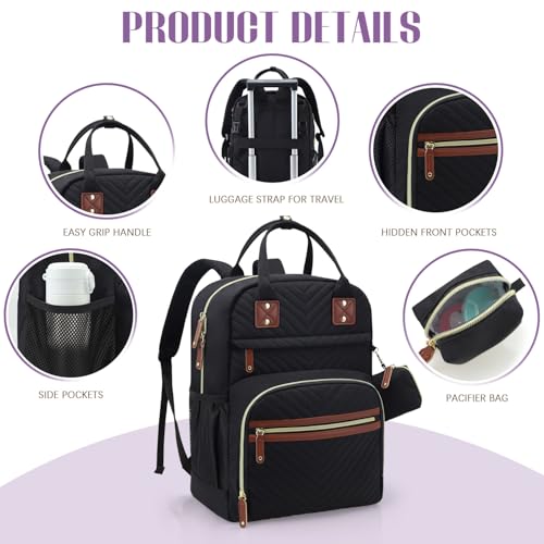 Image of Tuwubi Diaper Bag Backpack with Changing Pad,Baby Essentials, Multi function Waterproof Backpack with Stroller Straps & Pacifier Case Black