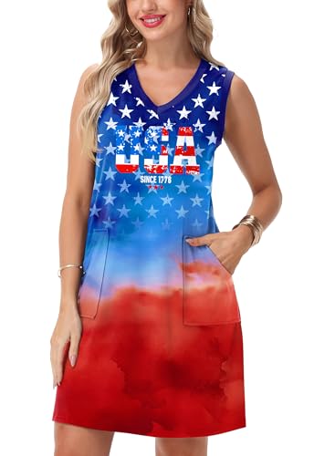Image of Deerose Womens July 4th Sleeveless Dress American Flag Swim Cover Up Dress with Pockets