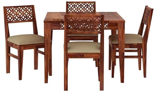 Image of Solid Sheesham Wood Dining Table Set of 4 | 4 Seater Wooden Dining Set with Cushioned Chairs for Home & Dining Room | Honey Finish