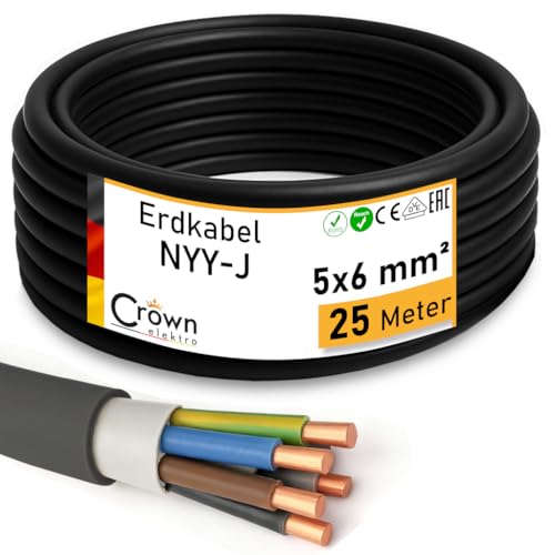 NYY-J 5x6mm Erdkabel 25m - Elektrokabel Ring für Verlegung im Erdreich & Außenbereich | Kupfer Volldraht | DIN VDE 0276 Teil 603/627 | Deutsche Markenhersteller
