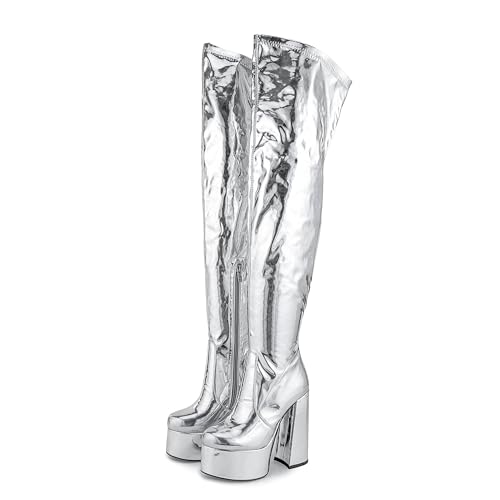 Over the Knee Platform Boot - Metallic Boot for Women Round Toe Chunky Heel Sequin Leather Thigh High Boot
