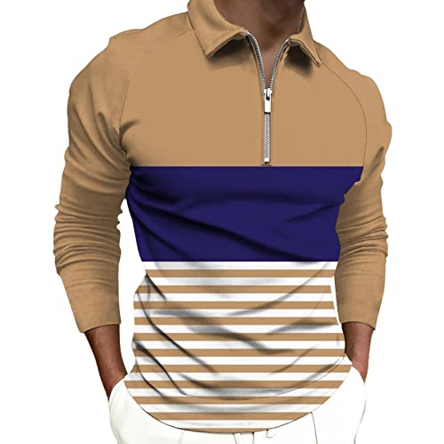 Nzwiluns Men’s Long Sleeve Polo Shirt Stripes Comfortable Fit Jersey Golf T Shirt Zipper Collar Patchwork Shirts Blouse #TOP23