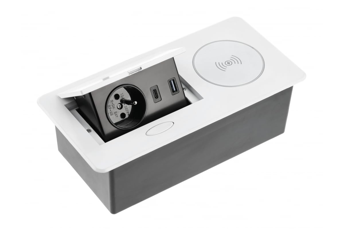 GTV Gniazdo meblowe AVARO Plus, ładowarka indukcyjna 5 W, USB-A i USB-C, kompaktowa konstrukcja, kolory: biały, czarny, aluminium, idealne do domowego biura i komercji