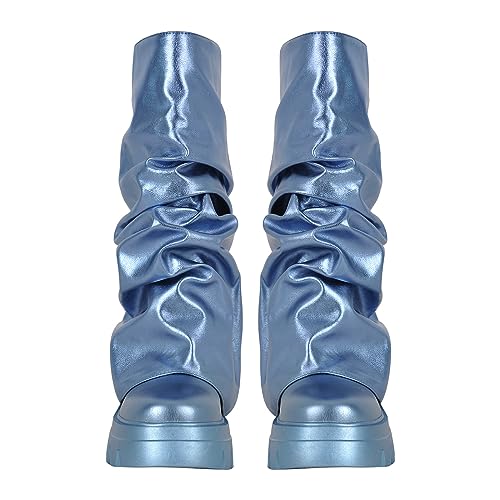 Image of LISHAN Women's Platform Heel Metallic Fold Over Pull on Shark Ruched Boots