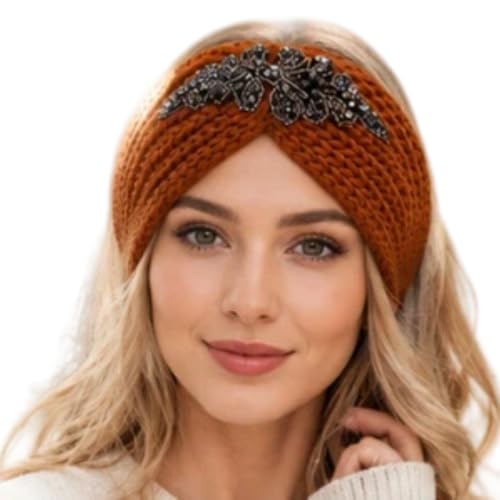 Mrexivo Knit Beanie Headband Ear Warmer Solid Color Sport Hair Set (Amber)