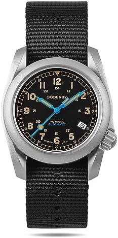 Boderry Titanium Automatic Field Watch 40 mm Military Watch Day Date Function 100 m Waterproof Nylon Strap Japanese Mechanical Movement with Screw Mechanism Crown -