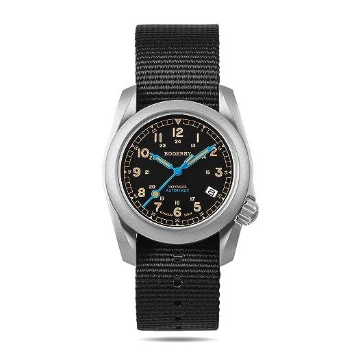Boderry Montre de terrain automatique en titane pour homme de 40 mm, montre militaire, fonction jour-date, étanche à 100 mètres, avec bracelet en nylon, mouvement mécanique japonais et couronne avec