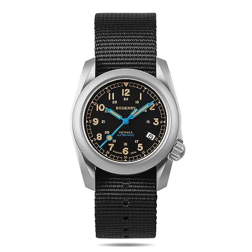 Image of BODERRY Men's Watch Titanium Automatic Field Watch 40mm Military Watch Day Date Function 100M Waterproof with Nylon Strap Japanese Mechanical Movement & Screw Down Crown-Voyager