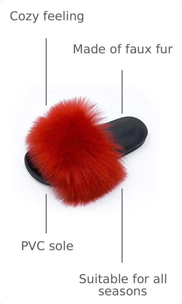 Image of Women's Faux Fur Slides Slippers Fluffy Fuzzy Sandals Open Toe Furry Slide Flip Flop Indoor Outdoor
