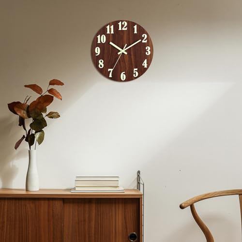 Image of HZDHCLH Luminous Wall Clock 12 Inch Silent Non Ticking Clock for Living Room Bedroom Kitchen Office(Wood Color)