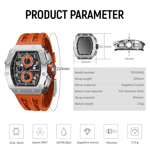 Image of TSAR BOMBA Mens Luxury Watch Watches for Men 50M Waterproof Japanese Quartz Movement Tonneau Stainless Steel Case Sapphire Glass with Chronograph Date Function Cool Unique Fashion Gift