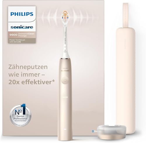 Philips Sonicare DiamondClean Prestige 9900 – Elektrische Schallzahnbürste mit 1x A3 Premium-All-in-One-Bürstenkopf und Ladeetui in Champagner (Modell HX9992/11)