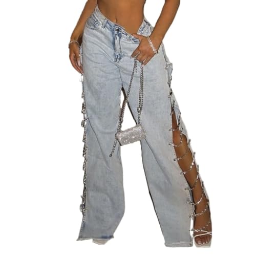 High Waisted Jeans for Women Straight Leg Ripped Rhinestone Sexy Side Slit Cut Out Jeans