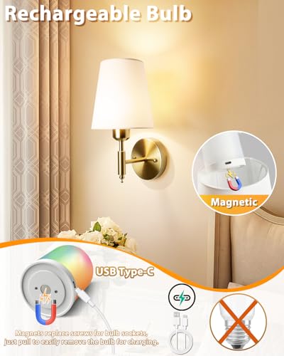 Image of Adetu Battery Operated Wall Sconces Set of 2, Gold Rechargeable Wall Lights