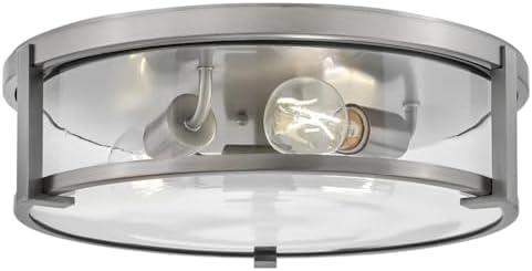 Hinkley Lowell 3243AN-CL Medium Flush Mount Ceiling Light, Twist Lock System Keeps Fixture Flush with Ceiling, Damp-Rated for Bathrooms, Laundry Rooms, Antique Nickel and Clear Glass