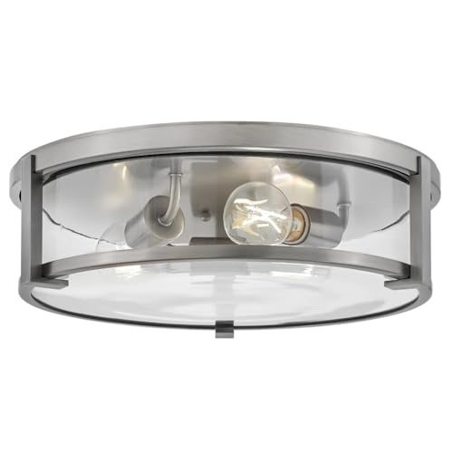Hinkley Lowell Medium Flush Bath Ceiling Light, Antique Nickel/Clear Glass