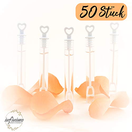 infinimo Set de pompas de jabón Premium Blanco 20, 50 y 96 Piezas, con Mango de corazón - para Boda, cumpleaños, como decoración y Regalo