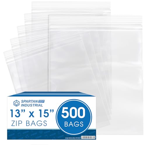 Spartan Industrial - 13” X 15” (500 Count) 2 Mil Clear Reclosable Zip Plastic Poly Bags with Resealable Lock Seal Zipper