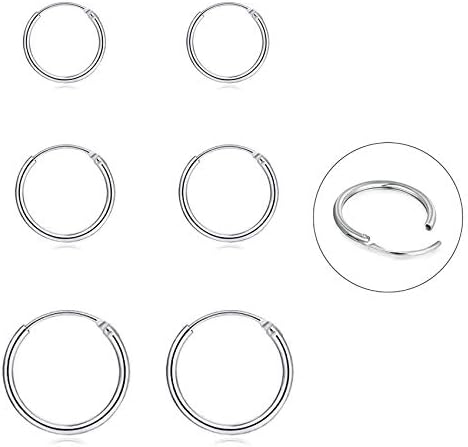 Silver Hoop Earrings- Cartilage Endless Small Hoop Earrings Set for Women Men, 3 Pairs of Hypoallergenic 925 Sterling Silver Tragus Earrings Nose Lip Rings
