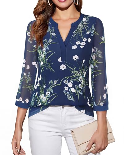 Image of Timeson Women's Short Sleeve V Neck Blouses Shirts Floral Double Layers Mesh Tunics Tops