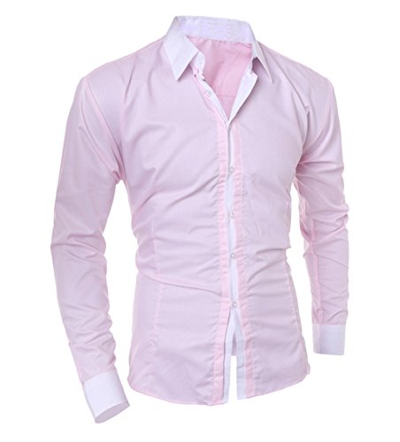 WSLCN Camisa social masculina slim fit casual manga comprida cor contrastante, rosa, US/EU XS (Asian
