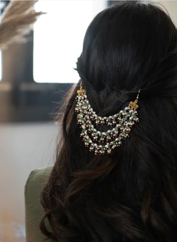 Image of Pearl Beaded Hair Accessory, Gold, Multicolor Stones, Bridal Hair Jewelry, Wedding Hairstyle Clip