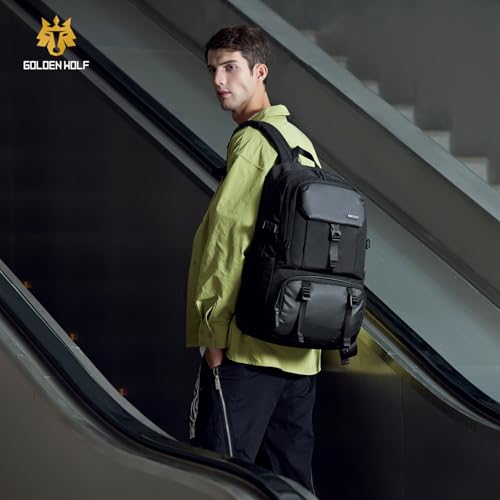 Image of GOLDEN WOLF Expandable Travel Backpack for Men Large 27L to 37L 15.6-inch Office Laptop Bag with Waterproof Pocket Multi-fucntion Water-resistant Sleek Business Backpack for Work Weekend, Black