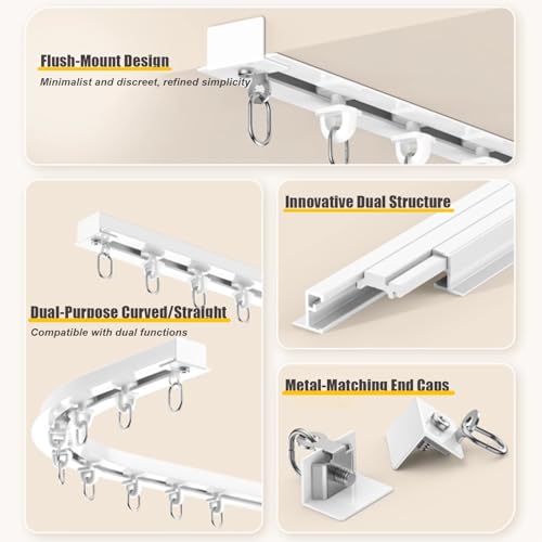 Rail de rideau coulissant encastré en aluminium flexible pour montage au plafond, séparateur de pièce et rideaux de baie vitrée avec crochets (blanc, 1,8 m)