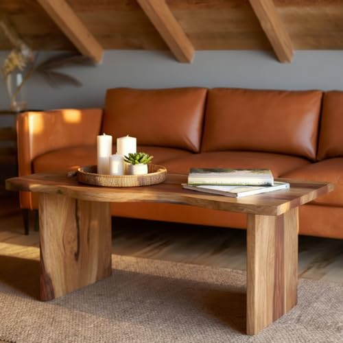 Image of Sheesham Wood Coffee Table for Living Room | Japandi Low Height Center Unit with Curved Edge Top | Modern Floor Seating Tea Furniture Thick Panel Base | Minimal Wooden Cocktail Piece | Teak Natural