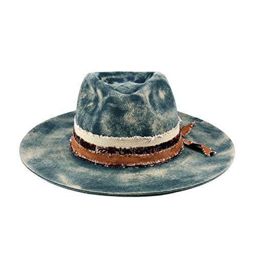 Ruediger Wide Brim Fedora Hats For Men Women 100% Wool Felt Panama Rancher Hat With Lightning Logo Distressed/Burned Handmade Navy #TOP1