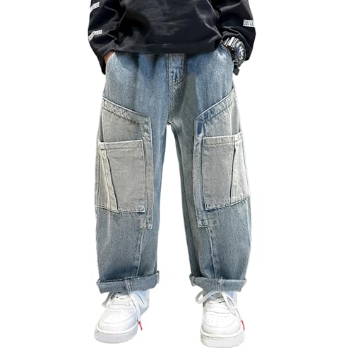 Tween Boys Straight Leg Jeans Elastic Waistband Baggy Denim Pants with Splicing Decoration for Kid Pants2