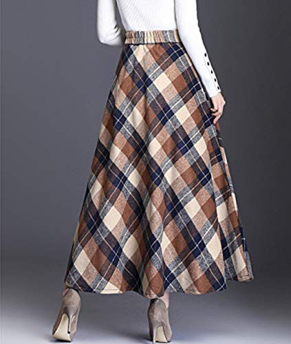 Femiserah Women's Retro High Waisted A-Line Fall/Winter Long Plaid Wool Skirt4