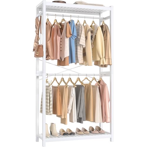 Homykic Bamboo Clothes Rack with Shelves and Double Hang Rods, 34”W x 79”H Portable Closet System Garment Rack for Hanging Clothes, Wood Clothing Rack for Walk In Closet Corner Laundry, White